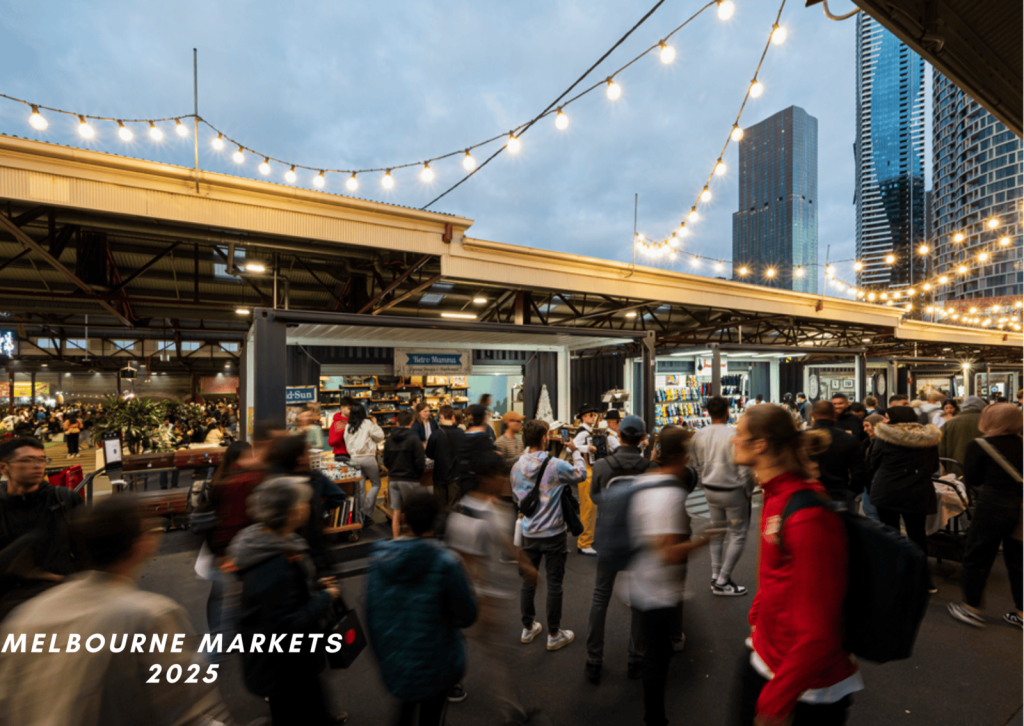 A vibrant scene at Melbourne Markets with fresh produce, handmade crafts, and street food stalls.