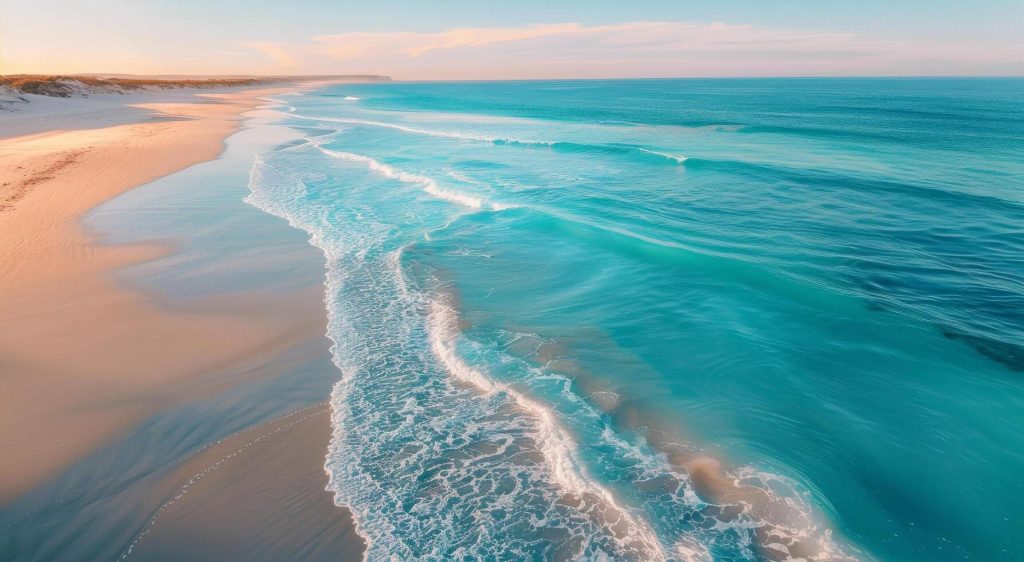 A stunning coastal view of one of the best beaches for Melbourne residents, showcasing golden sand, blue waves, and a relaxing beach atmosphere.