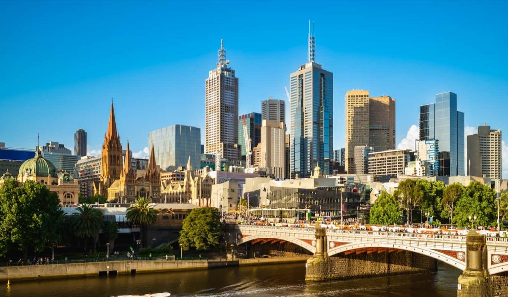 A modern Melbourne skyline featuring major banks and financial institutions, representing the evolving landscape of Banking in Melbourne 2025.