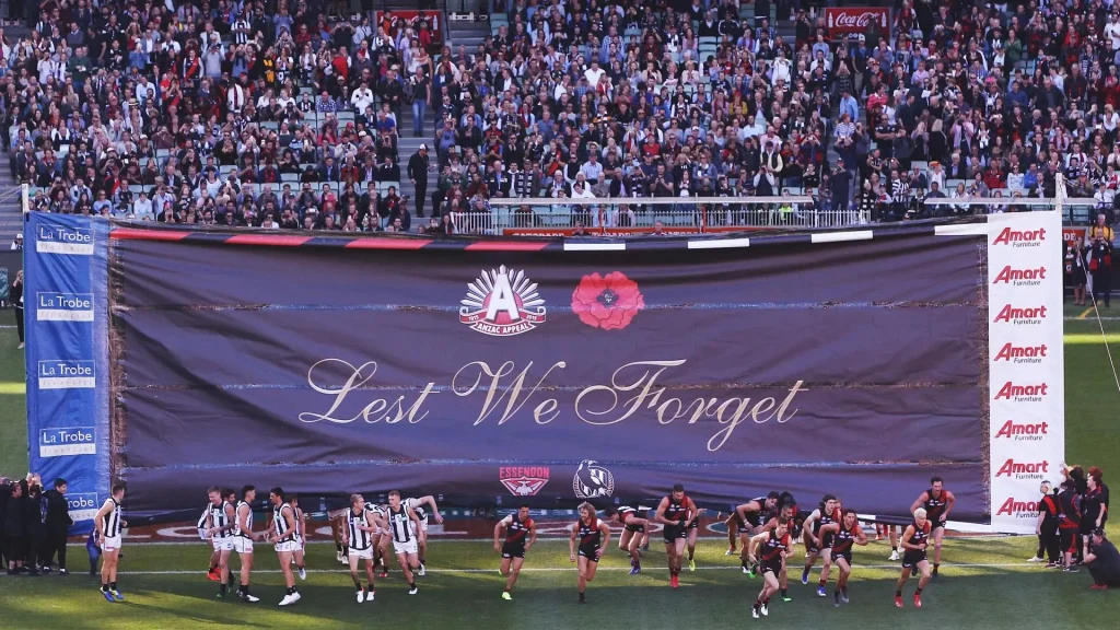 Fans waving flags at Collingwood vs Essendon game in Melbourne