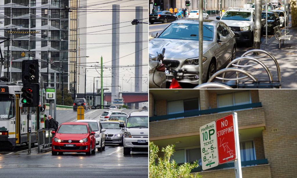 Melbourne CBD street with parked cars on a Sunday, showcasing free parking opportunities near Queen Victoria Market.