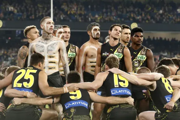 Indigenous performers and AFL players during Dreamtime at the ‘G 2025 at the MCG in Melbourne