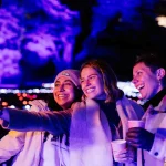 Lightscape in Royal Botanic Garden with glowing trees and lights during a winter night in Melbourne 2025.