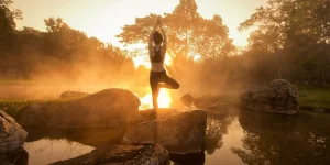 A serene meditation session in a calm Melbourne studio with soft lighting and peaceful atmosphere.