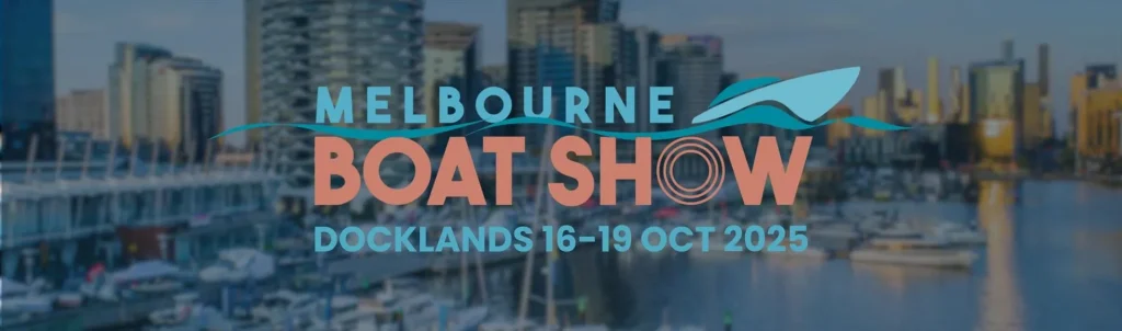 Boats and visitors enjoying the 63rd Melbourne Boat Show 2025 at Docklands Marina under sunny Melbourne skies.