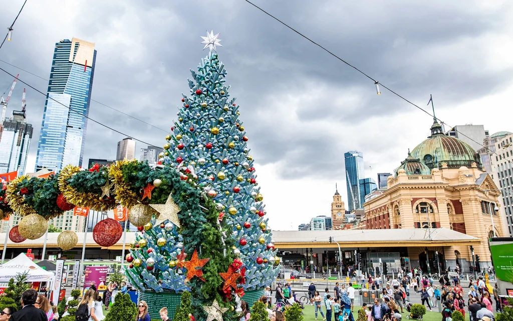 Christmas Square at Fed Square Melbourne with 17.5m tree and festive lights