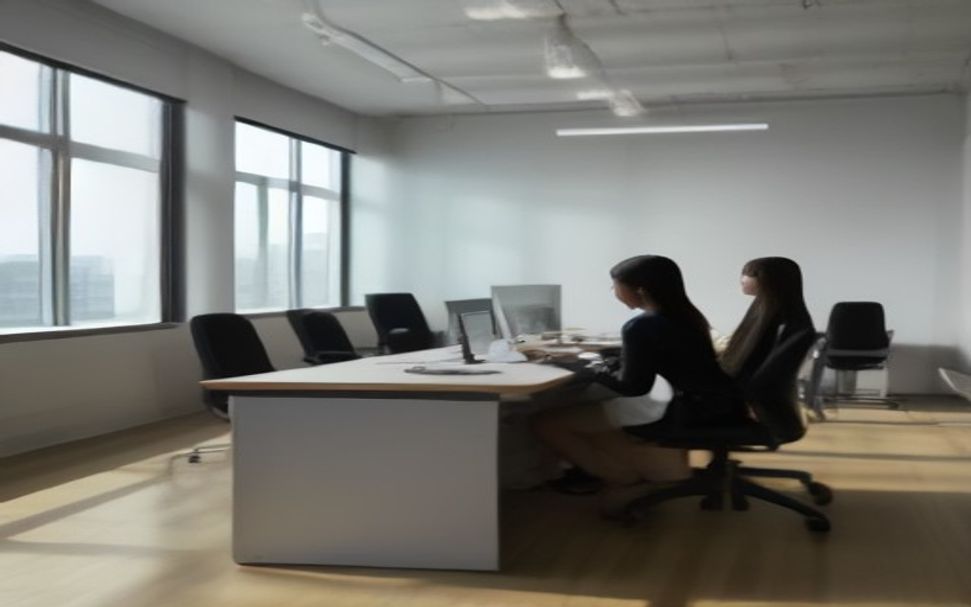 Young entrepreneurs collaborating at a modern standing desk with laptops and notebooks, natural sunlight streaming through floor-to-ceiling windows in a minimalist office, casual professional atmosphere