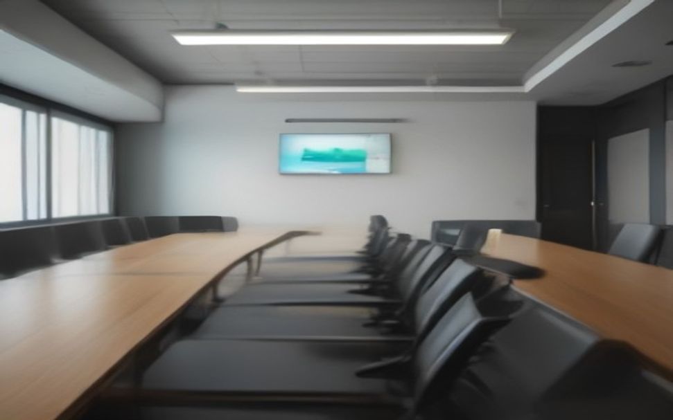 Close-up of a high-speed fiber optic router with blinking lights, sleek conference room table with built-in power outlets visible in soft background, professional tech setup