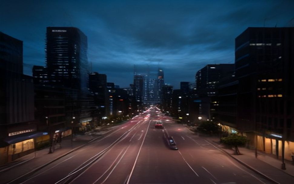 Panoramic view of Melbourne CBD skyline at dusk with illuminated office towers, street-level view showing tram tracks and pedestrians, urban business district landscape